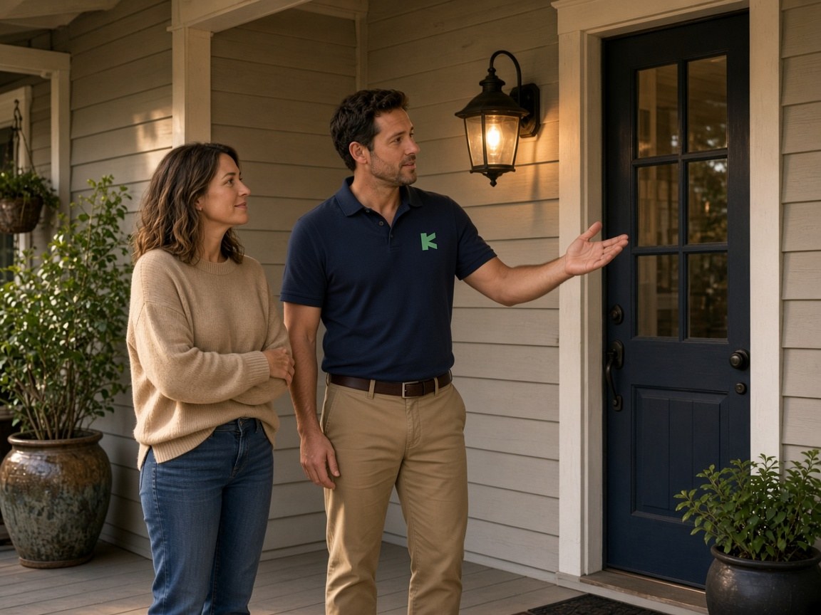 A Keepworks specialist shows a homeowner a restored exterior lantern beside the front door of a contemporary home