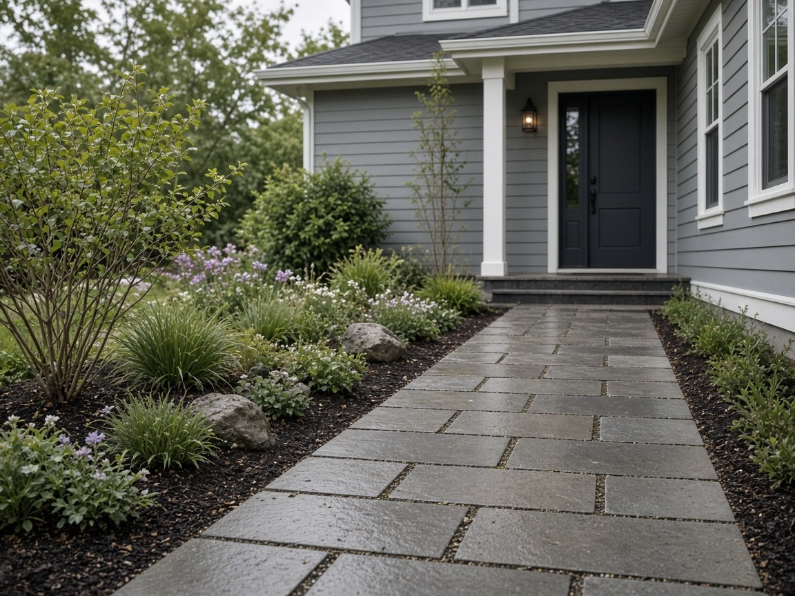 Stone walkway approaching a contemporary home, photographed during a property visit
