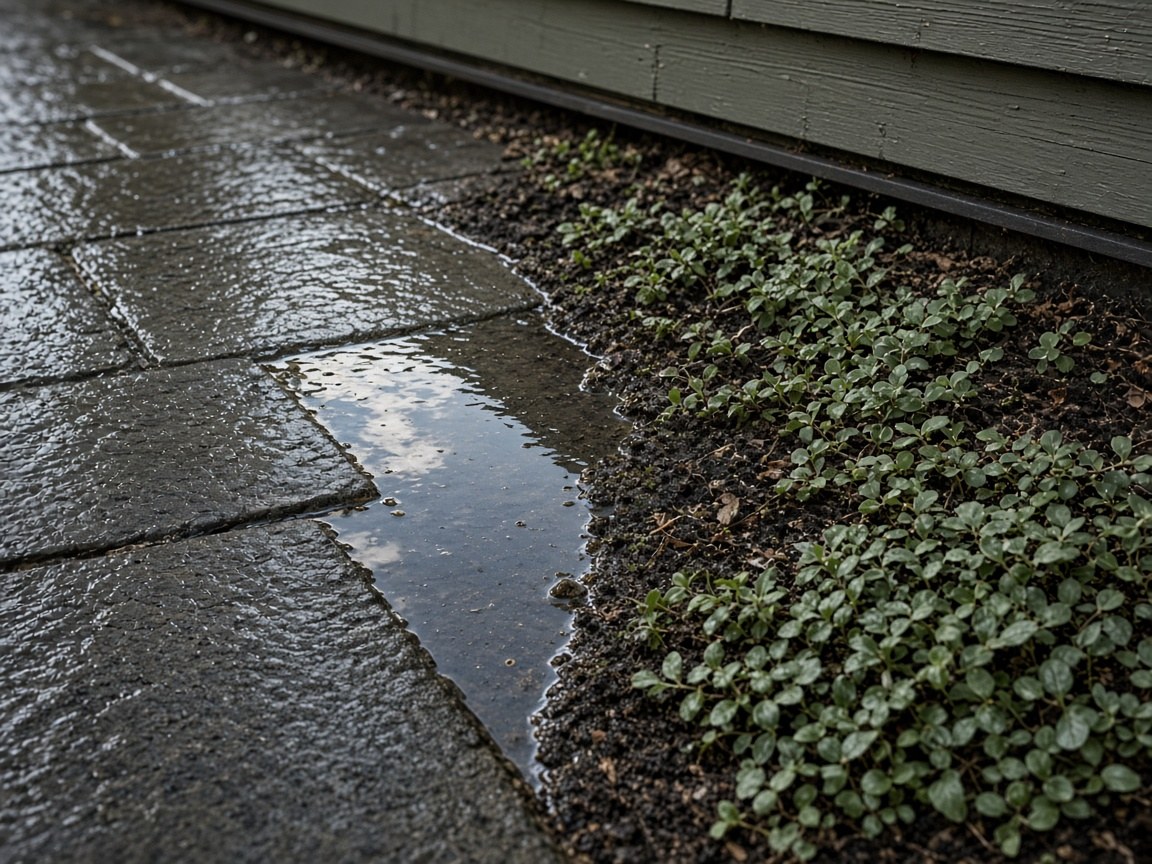 Close view of shallow pooling along a walkway after scheduled irrigation