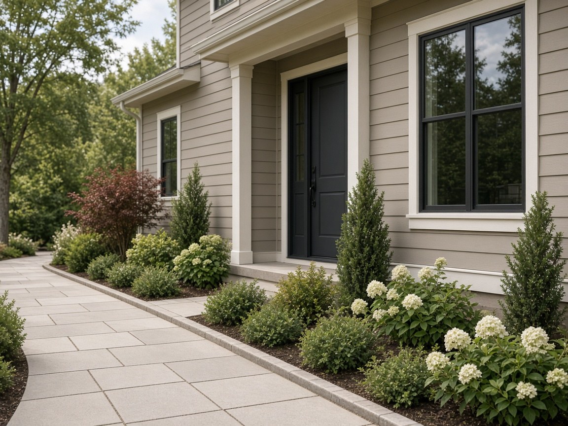 Wider exterior of the same home showing the walkway and planted edge